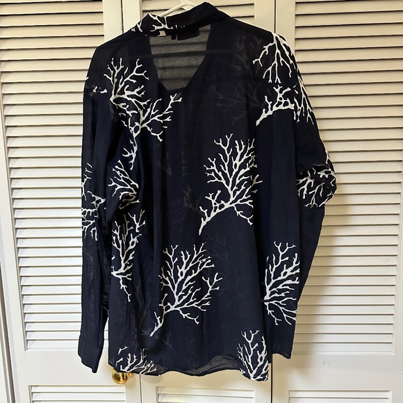 Kiki Sol Lightweight Cotton Button Up Blouse Navy Blue White Coral Print XXL - Picture 8 of 12